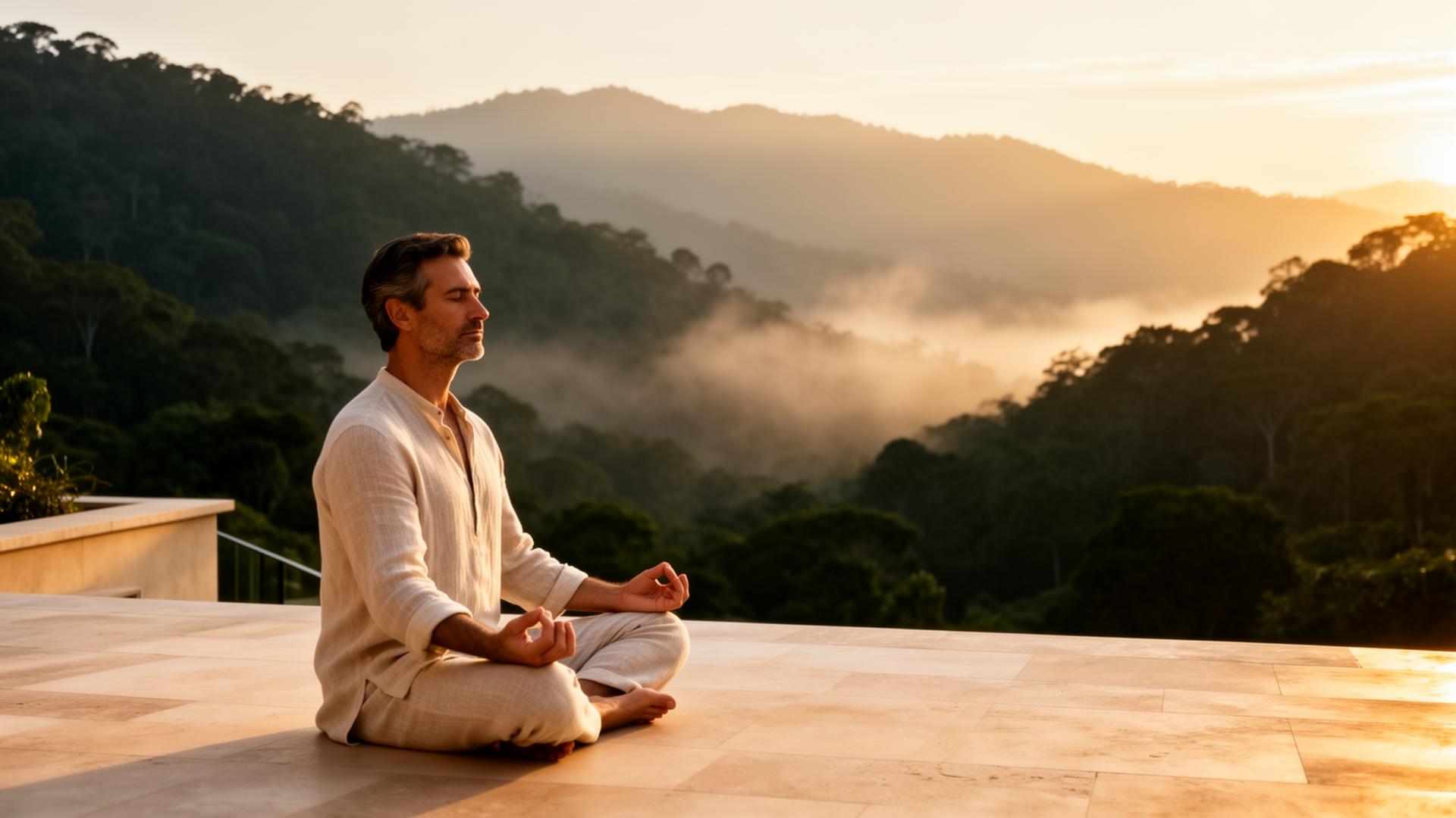 Executive practicing yoga at sunrise overlooking forested mountains